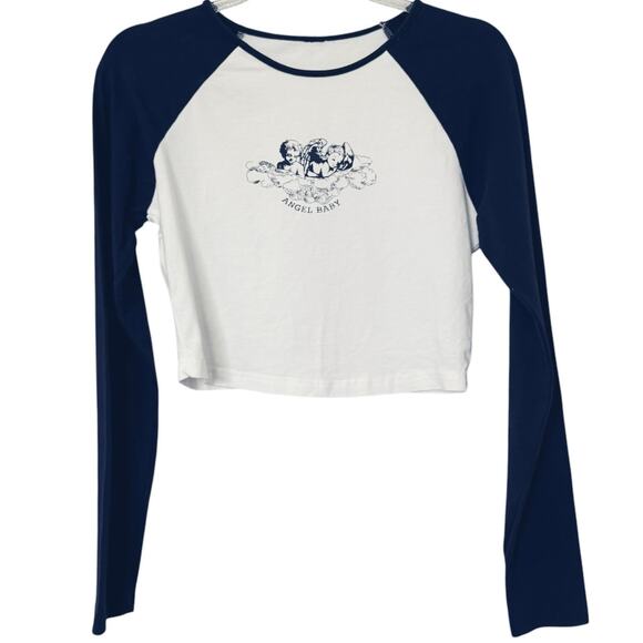 Y2K Crew Neck Long Sleeve Baby Tee Pullover Shirt White Navy Blue Medium - Picture 5 of 5